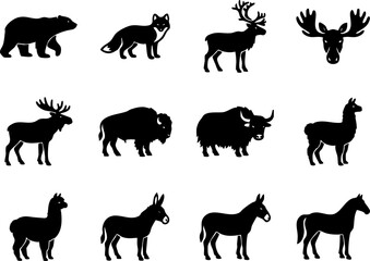 Fototapeta premium Wild forest animal and mammal silhouette vector set including bears deer livestock with silhouette