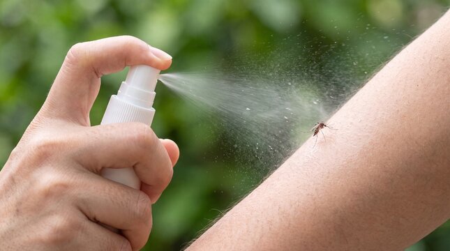 A close-up shot of a person using a spray bottle of insect repellent on their arm to protect themselves from a mosquito sitting on their skin.