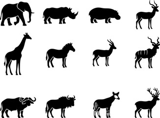 Fototapeta premium Detailed black silhouettes of african savanna wild animals with elephant rhinoceros hippopotamus