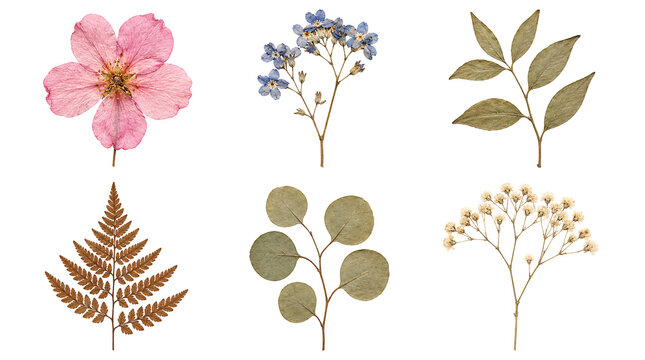 Pressed dry flowers and leaves on transparent background set.