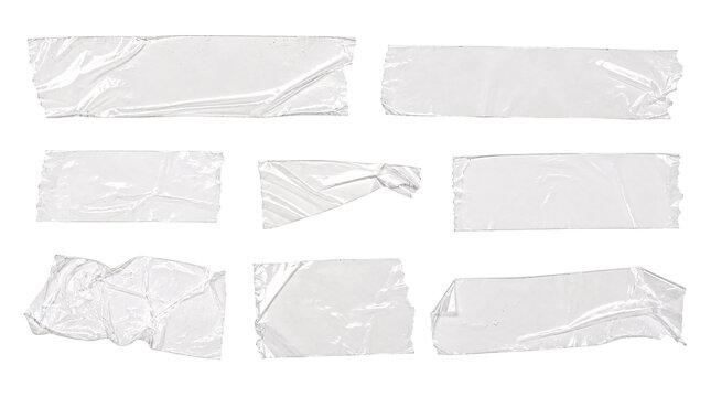 Set of clear transparent adhesive tape strips on background.