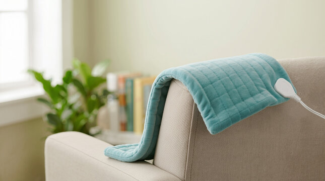Teal electric heating pad draped over a beige armchair in a living room. Soft warming device for muscle pain relief and therapy. Cozy home interior