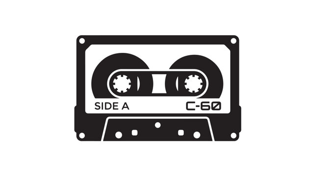 Audio Cassette Icon with Side a Marking and C-60 Label on Black and White Retro Tape Design Featuring Recorder, Player, Media