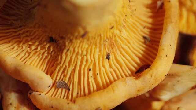 A close-up view of a pile of chanterelle mushrooms, showcasing vibrant golden-orange color and wavy caps. The fresh mushrooms are clustered together, highlighting their natural texture. High quality