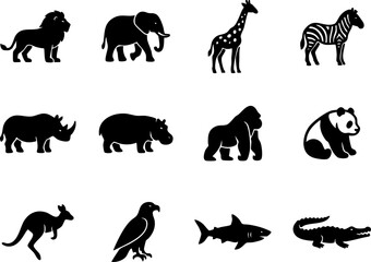 Diverse safari and wild animal silhouette icons including rhino hippo and crocodile with silhouette © BD 