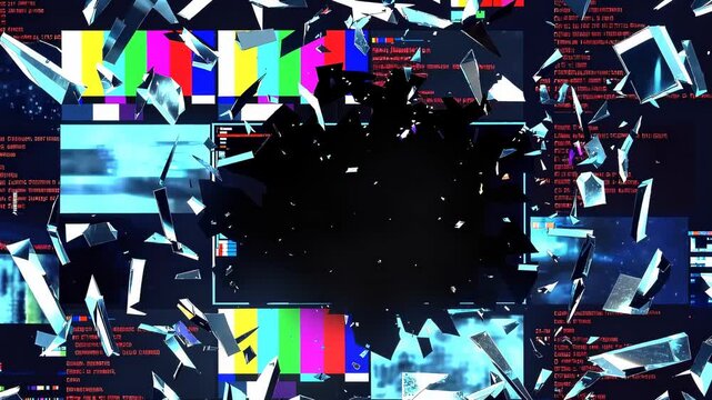 Shattering monitor display with glass shards flying outward from central void. Glitch art background featuring color bars and digital noise. Panning camera movement.