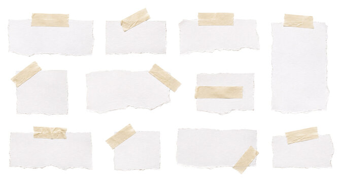 Set of various white torn paper pieces with adhesive tape on transparent.