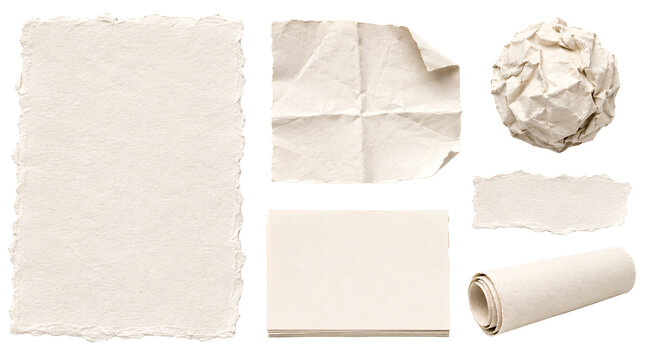Set of various torn and crumpled paper pieces on transparent background.