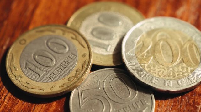 Kazakhstani tenge is the currency of Kazakhstan. Coins close up. High quality 4k footage
