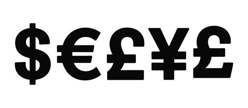 Currency symbol vector collection featuring a comprehensive set of world money icons including Dollar, Euro, Pound, Yen, Rupee, Won, Bitcoin, and global financial currency symbols