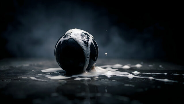 black round object partially covered in white foam mysterious and intriguing mood, created with generative ai