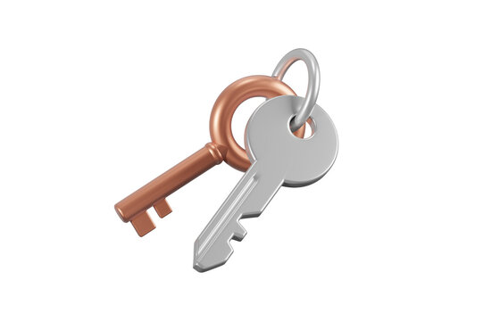 Two metal keys on key ring 3d icon. Isolated 3D object.