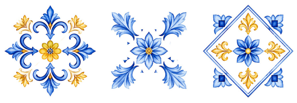 Watercolor majolica tile patterns, traditional sicilian floral ornament.