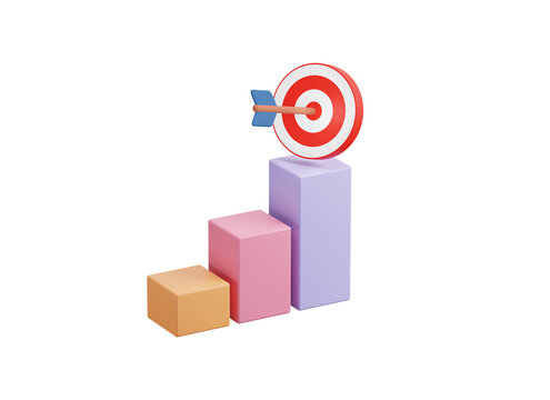 Business analytics and growth strategy 3d icon. Bar chart with target. Isolated 3D object
