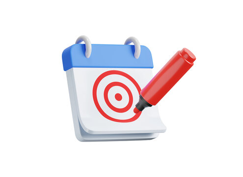 Planning and goal management 3d icon. Calendar with target and marker. Isolated 3D object