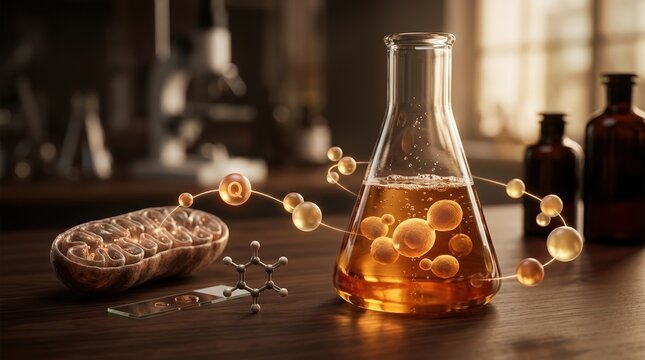 Yeast cells in a fermentation flask sit beside a mitochondrion model, a quinone ring molecular structure, and linked pathway arrows. Warm amber liquid, microscope slide, and enzyme-linked metabolite