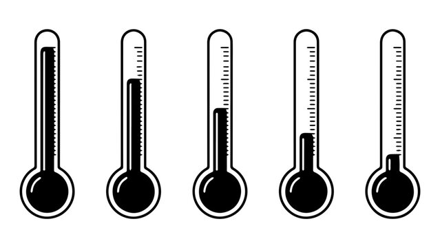 Five thermometers showing increasing temperature levels