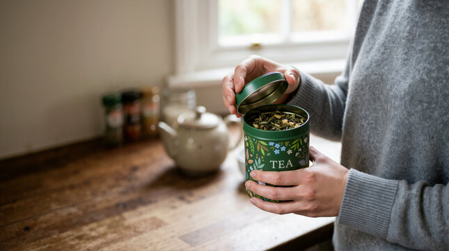 Person opening a green decorative tea tin. Loose leaf herbal tea in a metal canister on a kitchen counter