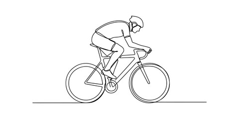 Obraz premium Continuous single line drawing of a professional cyclist riding a road bike wearing a racing helmet in side view Vector, illustration