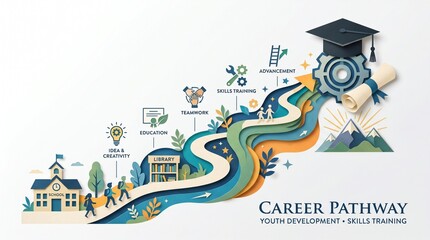 Naklejka premium Paper Cut Career Path to Graduation Minimalist Youth Skills Development Concept Illustration