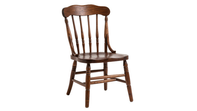 Isolated classic dark wood dining chair with elegant spindle back, vintage wooden furniture item