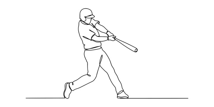 Continuous single line drawing of a baseball player hitting the ball with a bat during a game in a sports match Vector, illustration