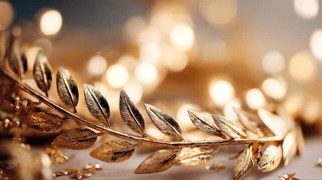 Golden laurel leaf crown with intricate details and shimmering bokeh background, showcasing the elegance and beauty of decorative elements in a soft-focus setting