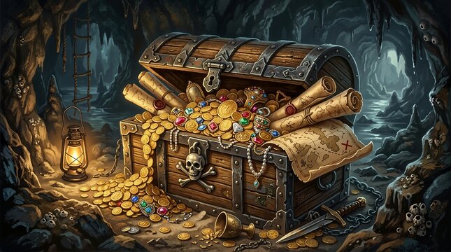 Open treasure chest overflowing with gold coins and jewels in a dark cave. Hidden pirate plunder with a lit lantern and sword