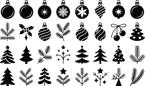 Christmas ornaments and pine branches set for festive season decoration