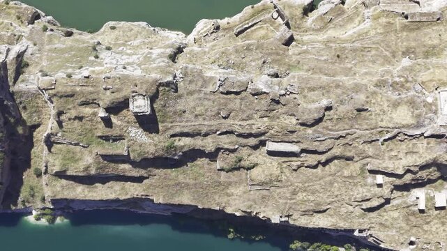 Cinematic Drone Flight Around Rumkale Historic Fortress on the Euphrates River in Gaziantep, Turkey