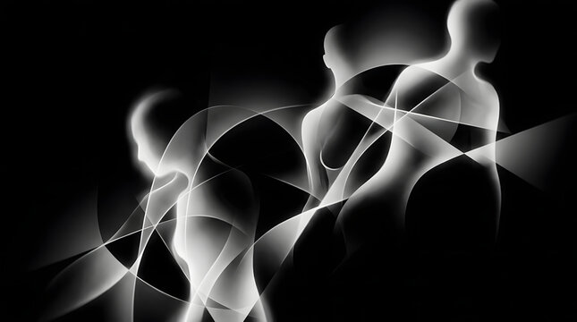 Abstract visualization of human forms and silhouettes, fluid geometric shapes, ethereal lighting, minimalist artistic style, expressive and conceptual, rendered in a high-contrast black and white aest