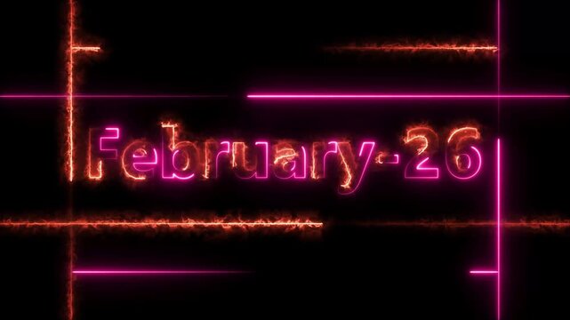 Abstract Neon February 26 calendar date Animation 4k video. Neon bright 26 February date text magenta red color animation. Suitable for event promotion, important.