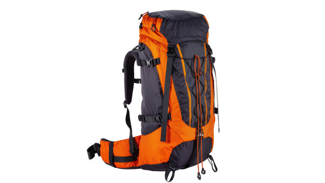 Isolated durable orange and gray travel backpack for hiking, camping and adventure tourism.