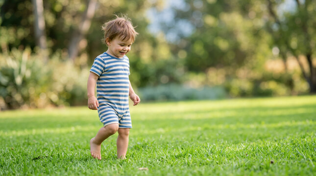Toddler walking barefoot on a lush green grass lawn. Smiling little boy in a striped romper exploring a sunny park. Childhood and outdoor play concept