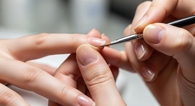 Manicure precision detail with nail technician refining cuticle and glossy nail surface shows premium salon service, beauty craftsmanship and clean professional nail care result.