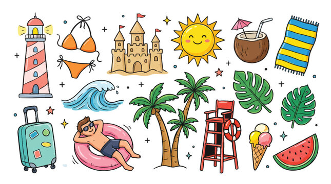 Summer Vacation Hand Drawn Elements Collection Featuring Beach Essentials and Tropical Relaxation Icons