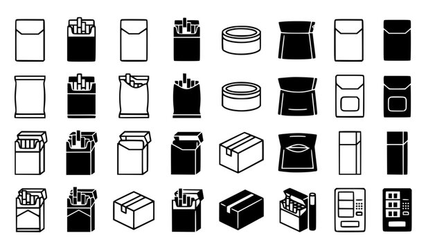 Black and White Cigarette Box Vector Icons with Generic Tobacco Packet Symbols
