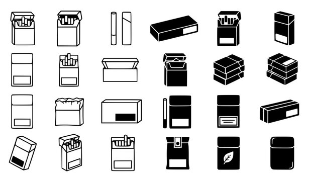 Modern Tobacco Cigarette Packet Icons Collection in Black Filled and Outline Vector Style