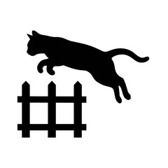 Black cat jumping over fence, silhouette animal icon, pet jumping fence, black silhouette isolated on White Background silhouette © Ashika