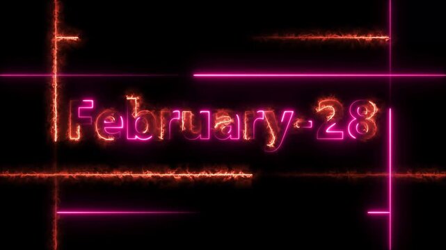 Abstract Neon February 28 calendar date Animation 4k video. Neon bright 28 February date text magenta red color animation. Suitable for event promotion, important.