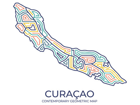 Curacao island map vector illustration with contemporary geometric colorful lines and text typography layout