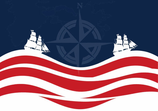 Patriotic nautical design with ships and american flag waves