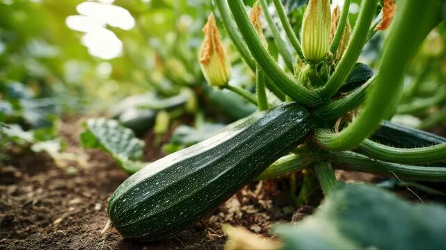 Fresh green zucchini growing on a plant in a garden, surrounded by leaves and yellow flowers, showcasing the natural growth process in a vibrant agricultural setting