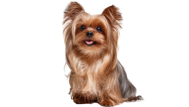 Isolated adorable Yorkshire Terrier dog sitting and looking at camera with happy expression