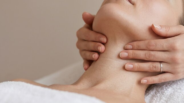 Professional lymphatic drainage facial massage at a spa, close-up of a neck and jawline massage, and skincare. AI generated.