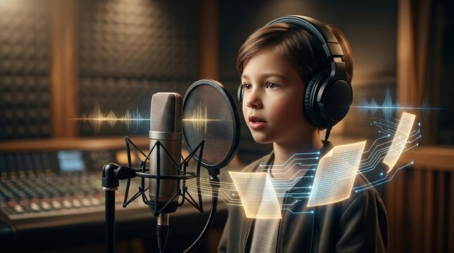 Child voice actor in a recording booth wearing over-ear headphones, speaking toward a studio microphone behind a round pop filter, with floating waveform graphics, contract pages, and glowing circuit