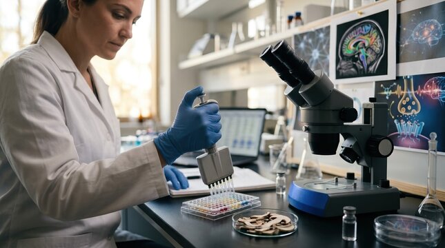 Clinical research bench with a petri dish holding mushroom specimen slices, microscope, brain scan printout, and gloved hands arranging assay plates; subtle neural-network graphics and a serotonin
