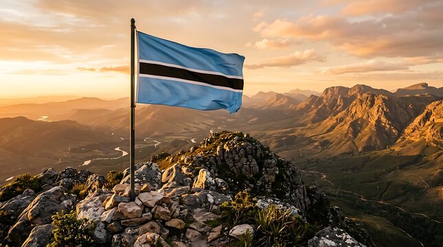 National Flag of Botswana Waving on Rocky Mountain Peak Overlooking a Scenic Valley at Golden Sunset