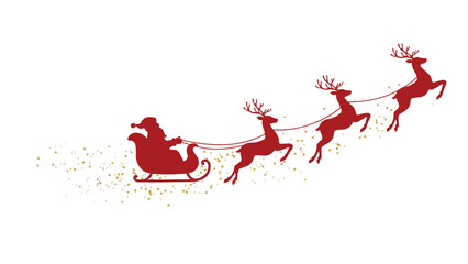 Red silhouette of santa claus in a sleigh pulled by three reindeer with gold glitter sparkles © Siddhartha