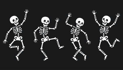 Five dancing skeletons with arms raised celebrating in a row on black background © md